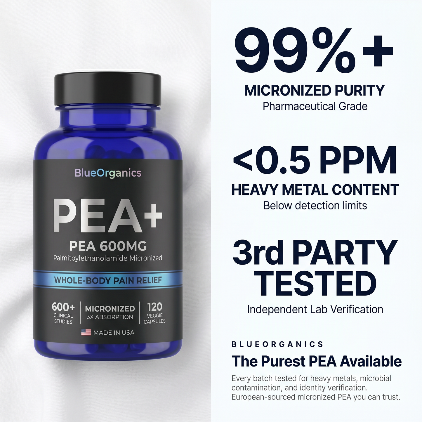 PEA+ purity - 99%+ micronized, under 0.5 PPM heavy metals, 3rd party tested